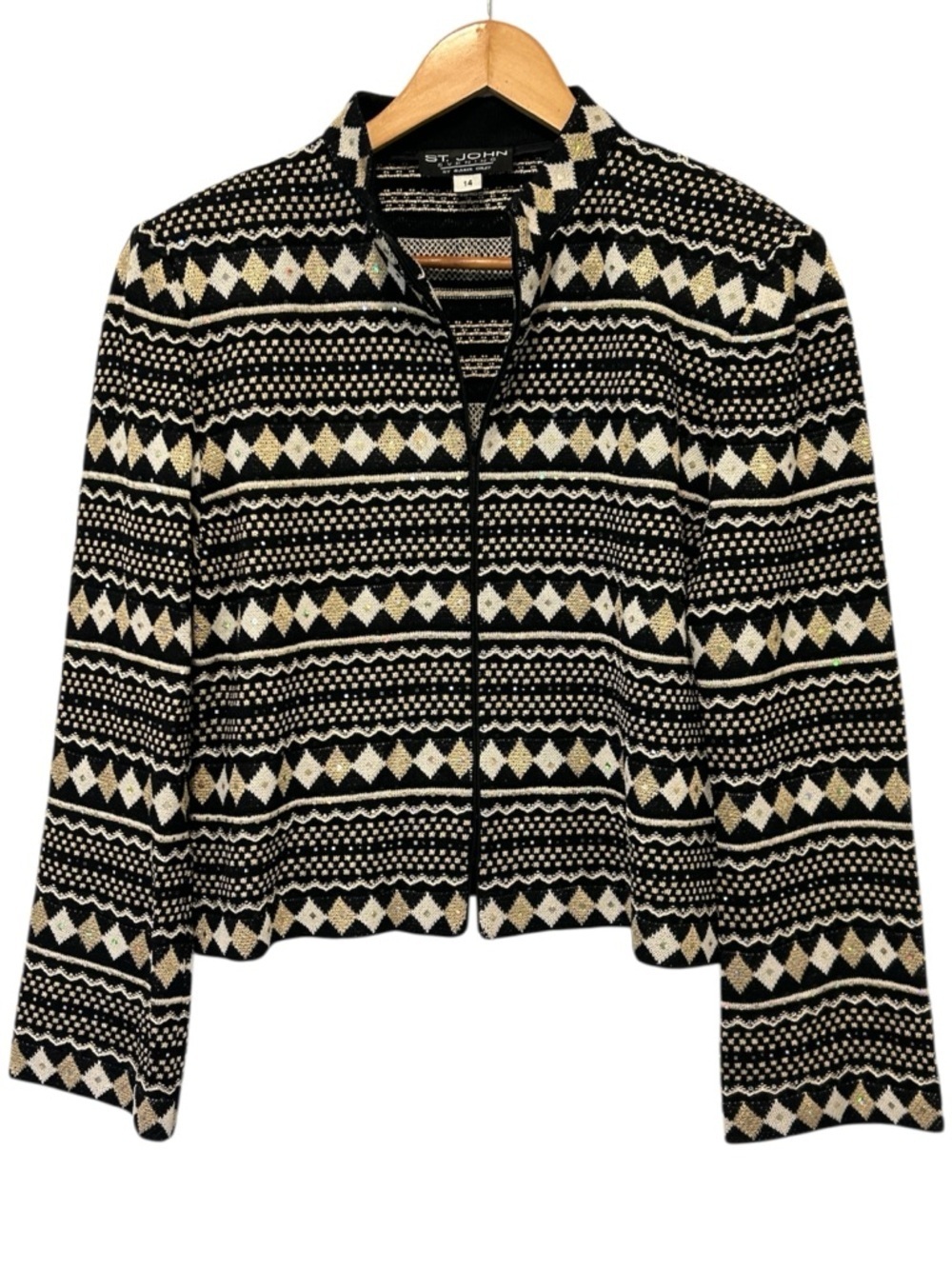 St. John Santana Knit Evening Geometric Zip-Up Patterned Jacket Black/Gold/White